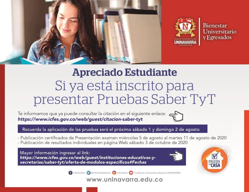 Estudiante Si Ya Estas Inscrito Para La Presentacion De Pruebas Saber Tyt Puedes Descargar Ya Tu Citacion Encuentra El Enlace Aqui Uninavarra